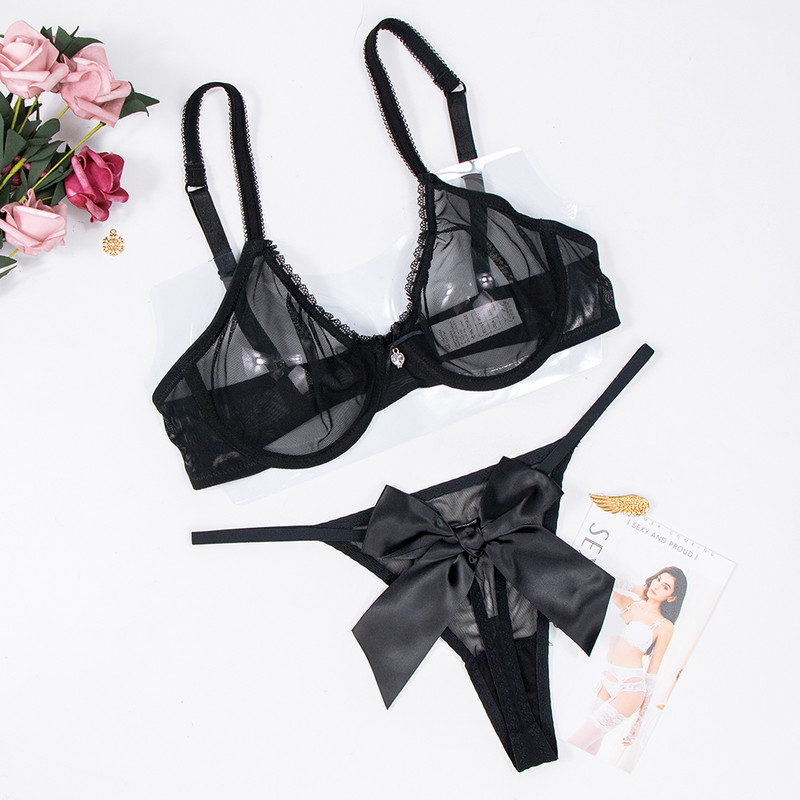 Set sutien din tifon sexy Varsbaby și set de lenjerie intimă cu fundă mare și drăguț, fără căptușeală, transparent transparent