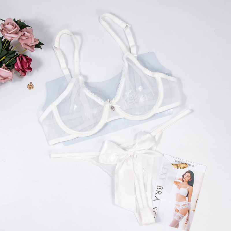 Set sutien din tifon sexy Varsbaby și set de lenjerie intimă cu fundă mare și drăguț, fără căptușeală, transparent transparent