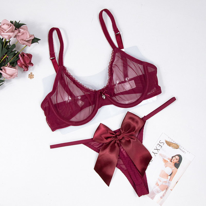 Set sutien din tifon sexy Varsbaby și set de lenjerie intimă cu fundă mare și drăguț, fără căptușeală, transparent transparent