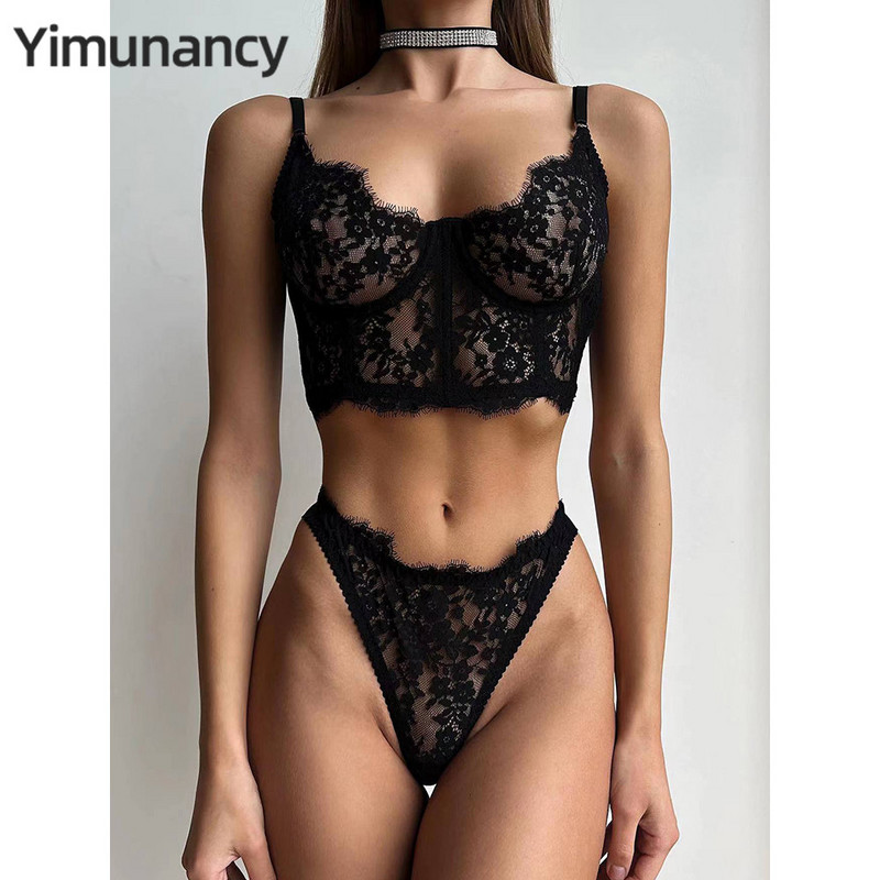Yimunancy 2-osaline pitsist rinnahoidjakomplekt naiste 3 värviga läbipaistev Camisole aluspesu komplekt Erootiline komplekt