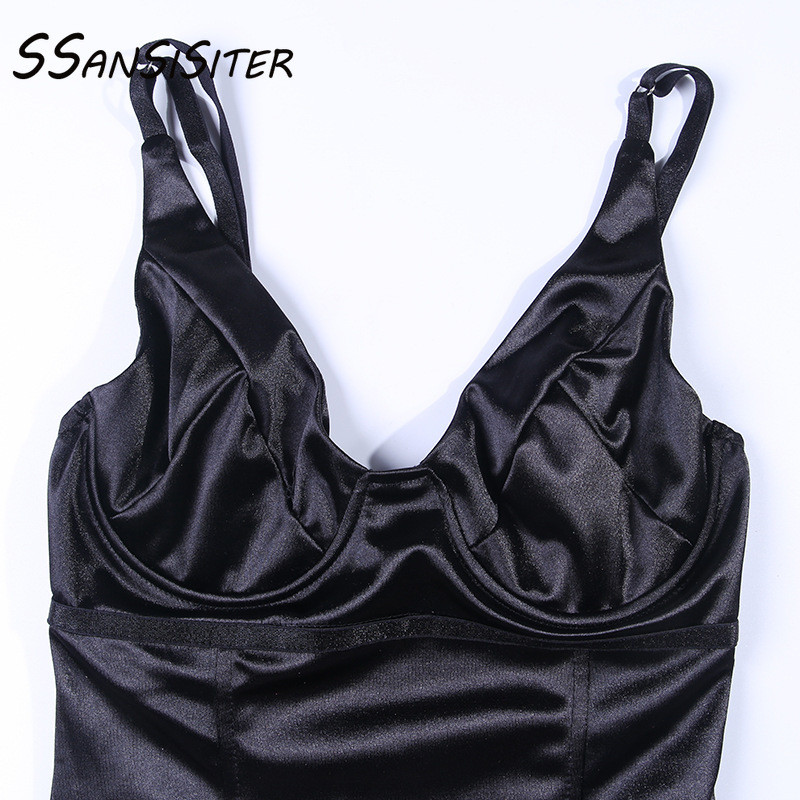 Γυναικείες Rompers Σέξι V λαιμόκοψη Σατέν κορμάκια σπαγγέτι λουράκι Bodycon Κομψή ολόσωμη φόρμα Streetwear Μαύρα ντυσίματα Plus Size