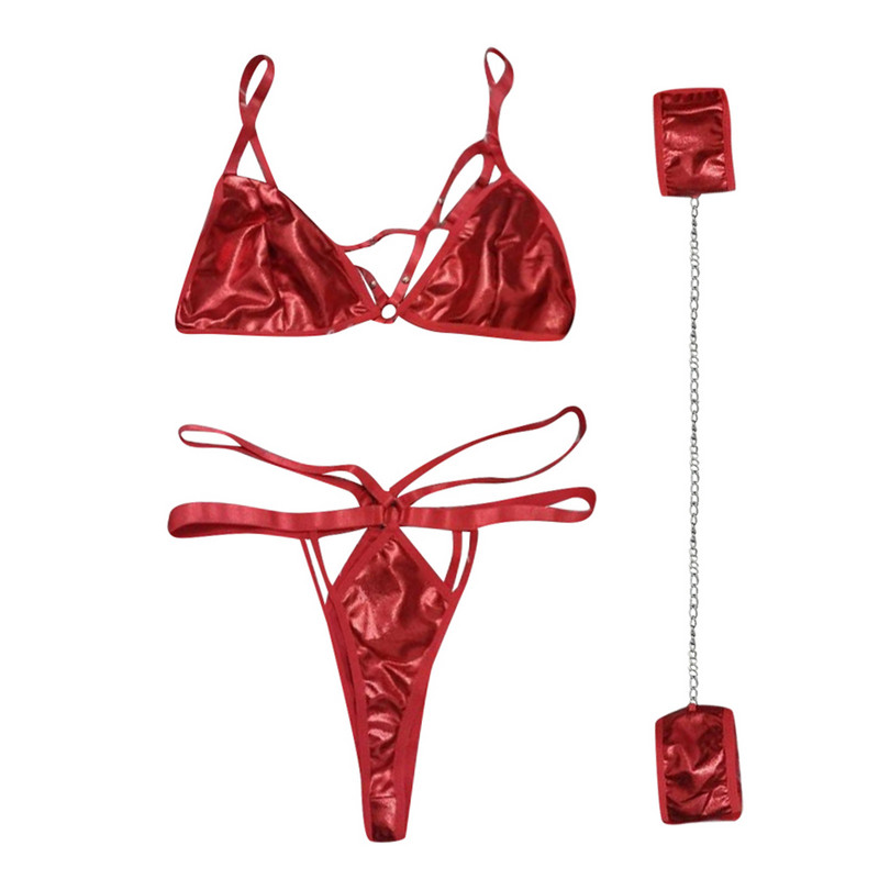 Δερμάτινα εσώρουχα για γυναίκες συν μέγεθος 3συσκευασία PU Δερμάτινα εσώρουχα με λουριά σετ με δαχτυλίδι χεριού που συνδέεται με αλυσίδα комплект нижнего белья