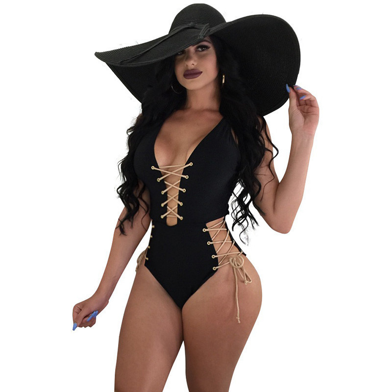 Seksikad seljata ristpitsitud mustad bodi naiste sügava V-kaelusega elegantsed varrukateta õõnsad suvised rannarõivad.