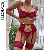 Ellolace Lenjerie cu sclipici sexy 3 piese Lenjerie intima de lux Sutien transparent și tanga Portjartieră cu ciorapi ținută de lux