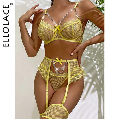 Ellolace Lenjerie cu sclipici sexy 3 piese Lenjerie intima de lux Sutien transparent și tanga Portjartieră cu ciorapi ținută de lux