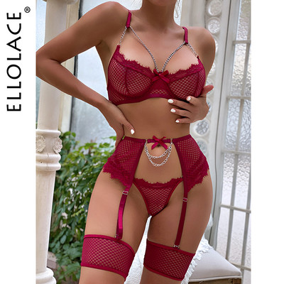 Ellolace Lenjerie cu sclipici sexy 3 piese Lenjerie intima de lux Sutien transparent și tanga Portjartieră cu ciorapi ținută de lux