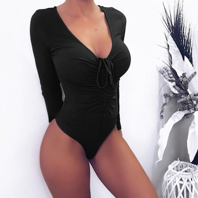 BKLD Body cu mânecă lungă pentru femei Soild Bandage Bodysuits 2019 de toamnă Bodycon Sexy Salopetă Clubwear Romper dintr-o bucată pentru femei haine pentru femei