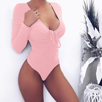 BKLD Body cu mânecă lungă pentru femei Soild Bandage Bodysuits 2019 de toamnă Bodycon Sexy Salopetă Clubwear Romper dintr-o bucată pentru femei haine pentru femei