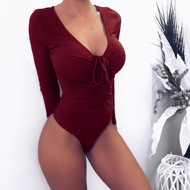 BKLD Body cu mânecă lungă pentru femei Soild Bandage Bodysuits 2019 de toamnă Bodycon Sexy Salopetă Clubwear Romper dintr-o bucată pentru femei haine pentru femei