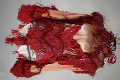 Σχεδιαστής Νέο Κόκκινο Stretch Γυναικείο κορμάκι Σέξι Φούντα Κοστούμι χορού Νυχτερινό κλαμπ Prom Party Birthday Celebrate Carnival Show κοστούμι