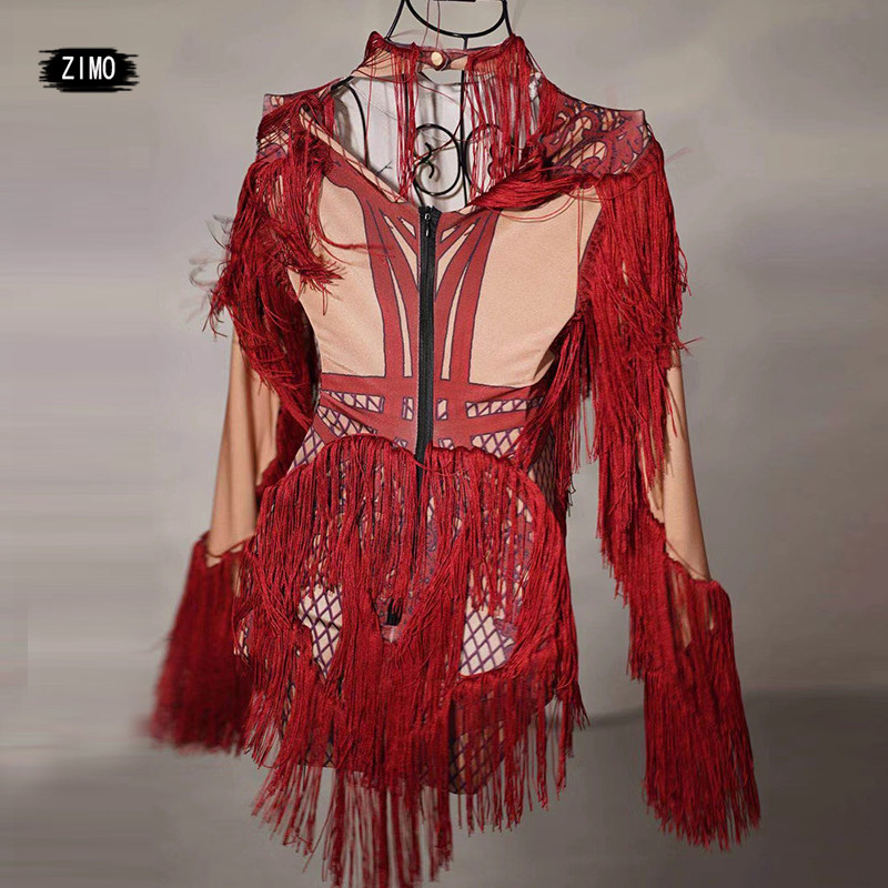 Σχεδιαστής Νέο Κόκκινο Stretch Γυναικείο κορμάκι Σέξι Φούντα Κοστούμι χορού Νυχτερινό κλαμπ Prom Party Birthday Celebrate Carnival Show κοστούμι