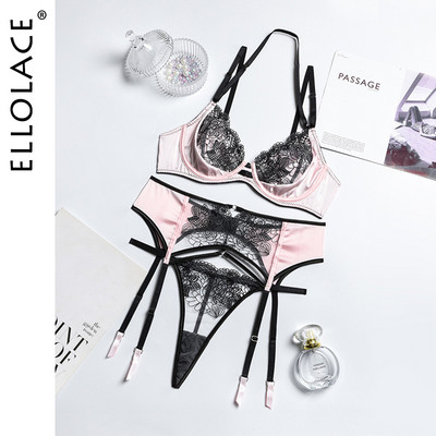 Ellolace αισθησιακά εσώρουχα δαντέλα Γυναικεία εσώρουχα κέντημα Διαφανές σουτιέν Σέξι καλτσοδέτες Σλιπ Κοντά κιτ περιποίησης δέρματος Εξωτικά σετ