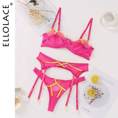 Ellolace Sexy Kiss Lenjerie Lenjerie din dantelă Seturi de slip erotic transparent Set sutien fără căptușeală Push Up Mov fără sudură Set 2 piese