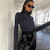 Body negru cu gât rotic de modă Body subțire cu imprimare cu litere pentru femei 2019, nou, toamnă, iarnă, cu mânecă lungă