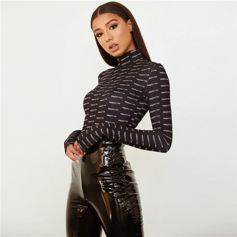 Body negru cu gât rotic de modă Body subțire cu imprimare cu litere pentru femei 2019, nou, toamnă, iarnă, cu mânecă lungă
