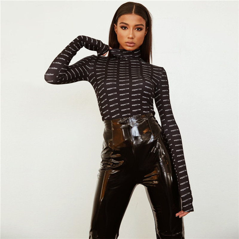 Body negru cu gât rotic de modă Body subțire cu imprimare cu litere pentru femei 2019, nou, toamnă, iarnă, cu mânecă lungă