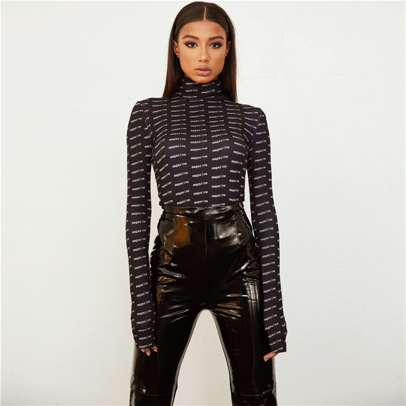 Body negru cu gât rotic de modă Body subțire cu imprimare cu litere pentru femei 2019, nou, toamnă, iarnă, cu mânecă lungă