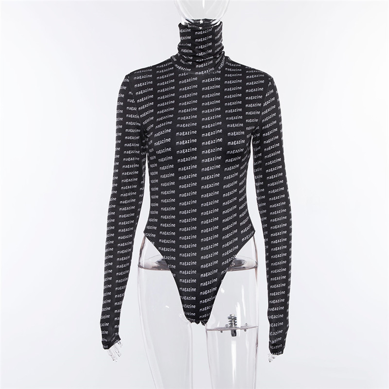 Body negru cu gât rotic de modă Body subțire cu imprimare cu litere pentru femei 2019, nou, toamnă, iarnă, cu mânecă lungă