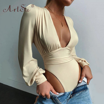 ArtSu Must Valge Punane Sügav V kaelusega Body, Naiste Seksikas Puff Sleeve Bodycon Jumpsuit Solid Slim Party Talvised Bodysuits Body Tops