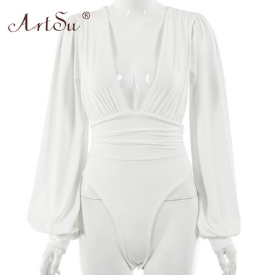 ArtSu Μαύρο Λευκό Κόκκινο Βαθύ Γυναικείο κορμάκι Σέξι φουσκωτό μανίκι Bodycon Ολόσωμο μονόλεπτο πάρτι Χειμερινά κορμάκια Body tops