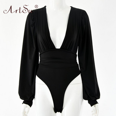 ArtSu Μαύρο Λευκό Κόκκινο Βαθύ Γυναικείο κορμάκι Σέξι φουσκωτό μανίκι Bodycon Ολόσωμο μονόλεπτο πάρτι Χειμερινά κορμάκια Body tops