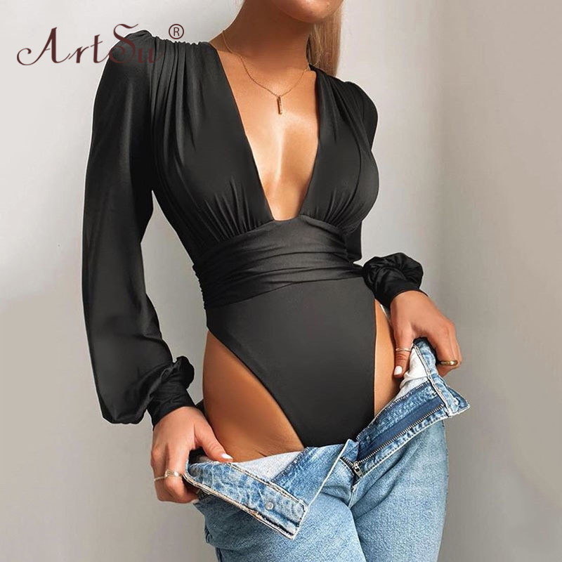 ArtSu Μαύρο Λευκό Κόκκινο Βαθύ Γυναικείο κορμάκι Σέξι φουσκωτό μανίκι Bodycon Ολόσωμο μονόλεπτο πάρτι Χειμερινά κορμάκια Body tops