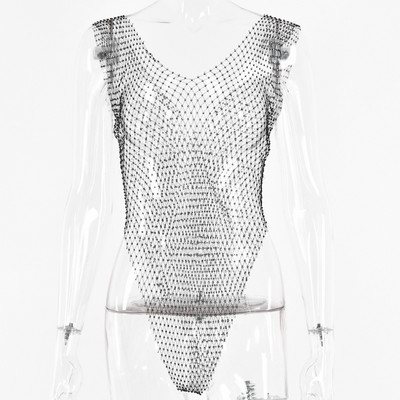 Võrkvarrukateta seksikas, sügava V kaelusega naiste bodi, õhukesed õõnsad venivad minimalistlikud bodid