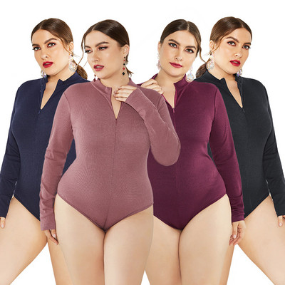 Jesen Zima Pleteni kombinezoni za žene Dugi rukavi Dugi rukav Bodi Plus Veličina 5XL Ležerna odjeća Stand Ovratnik Zatvarač Skinny