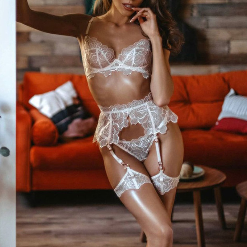 Aduloty New pentru femei, cu broderie de flori din dantelă, cusături din plasă, lenjerie erotică transparentă, sutien cu sârmă, jartieră, set de lenjerie sexy