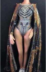 Fashion Crystals Leotard Long Coat Dance Outfit Stones Body Stage Performance Party πολυτελές λαμπερό κοστούμι