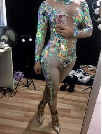 Μόδα Mermaid Big Sequins Bodysuit Σέξι κολάν Κρύσταλλα Κοστούμια πάρτι Stage Performance Stretch Rompers