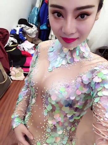 Μόδα Mermaid Big Sequins Bodysuit Σέξι κολάν Κρύσταλλα Κοστούμια πάρτι Stage Performance Stretch Rompers