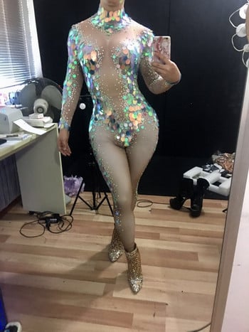 Μόδα Mermaid Big Sequins Bodysuit Σέξι κολάν Κρύσταλλα Κοστούμια πάρτι Stage Performance Stretch Rompers