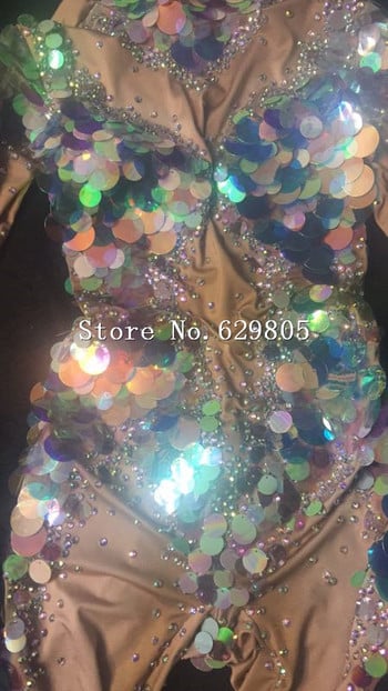 Μόδα Mermaid Big Sequins Bodysuit Σέξι κολάν Κρύσταλλα Κοστούμια πάρτι Stage Performance Stretch Rompers