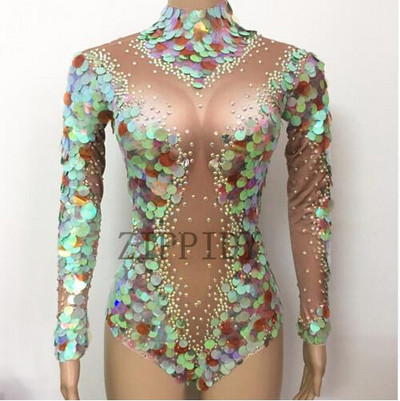 Body cu paiete mari sirenă de modă, jambiere sexy, cristale, costum de petrecere, performanță pe scenă, cu strasuri, salopete elastice