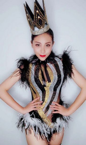 2019 Sparkly Rhinestones Μαύρο Λευκό Φτερό Διχτυωτό ολόσωμο κολάν νυχτερινό κέντρο γυναικών Dance Performance Στολή για πάρτι γενεθλίων