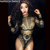 Σέξι Stage Glisten Μαύρο χρυσό κρύσταλλο κορμάκι Γυναικείο μακρυμάνικο στολή Dance Stage Show Νυχτερινό κέντρο Στολή τραγουδίστριας Leotard