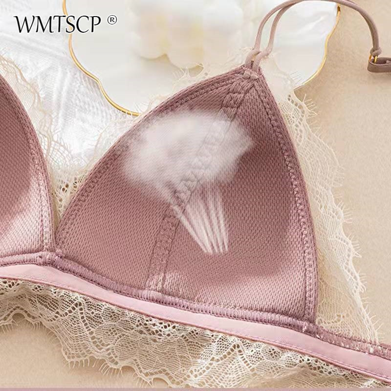 WMTSCP Lenjeria de dantelă pentru femei fără inel de oțel arată cupa triunghiulară subțire, sexy, în V adânc, sutien confortabil pentru îngrijirea pieptului