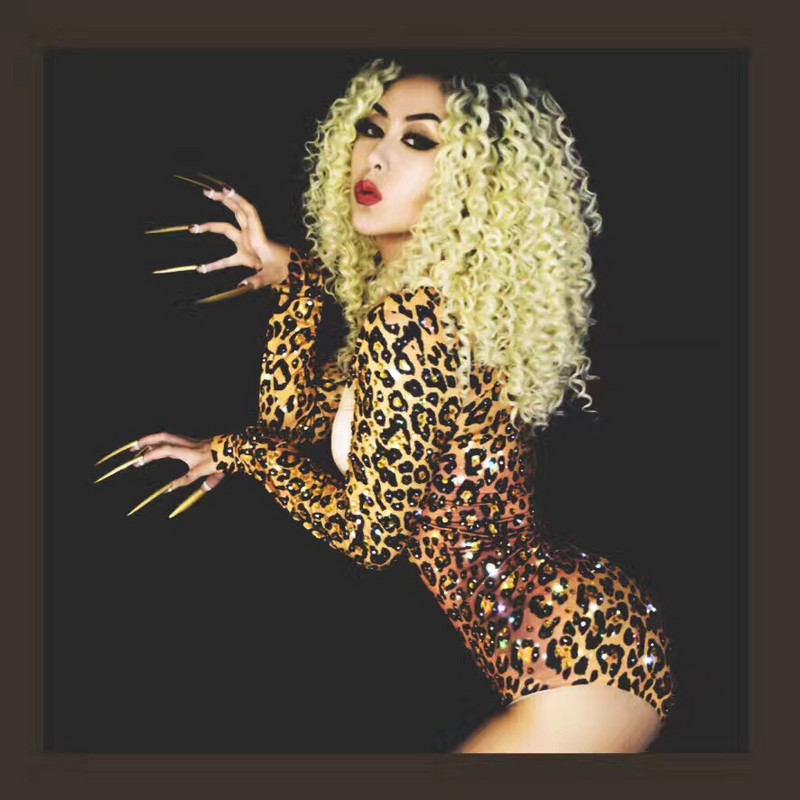 Body cu imprimeu leopard sexy, costume cu strasuri, body club de noapte pentru DJ, dansator, cântăreț, ținută de scenă, costum femei, îmbrăcat sexy