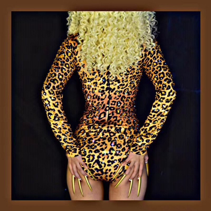 Body cu imprimeu leopard sexy, costume cu strasuri, body club de noapte pentru DJ, dansator, cântăreț, ținută de scenă, costum femei, îmbrăcat sexy