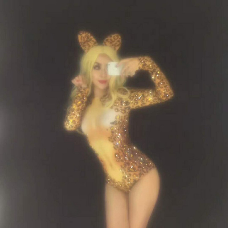 Body cu imprimeu leopard sexy, costume cu strasuri, body club de noapte pentru DJ, dansator, cântăreț, ținută de scenă, costum femei, îmbrăcat sexy