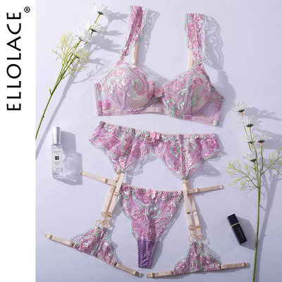 Lenjerie Ellolace pentru femei Jartieră Lenjerie de lux 4 piese Broderie florală Ținute delicate Seturi senzuale transparente exotice