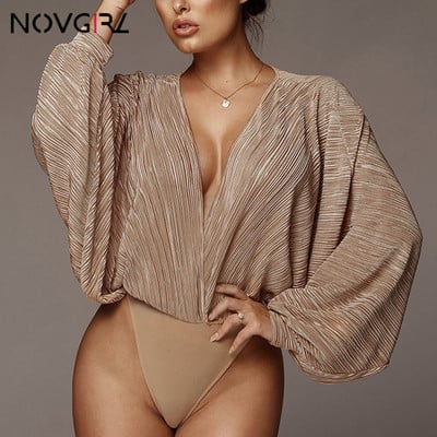 Novgirl seksīgs sieviešu kombinezons ar garām piedurknēm ar dziļu V kakla izgriezumu, 2019. gada pavasara rudens raibs, moderns bodijs Clubwear ikdienas kombinezoni