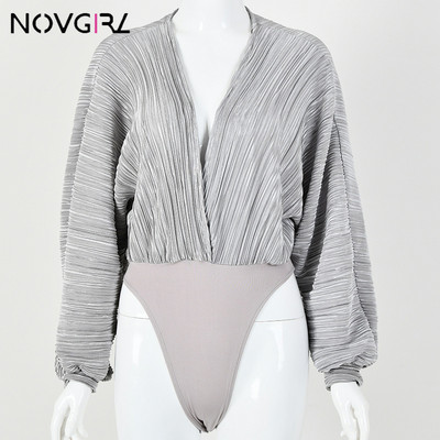 Novgirl σέξι, βαθύ V λαιμόκοψη, μακρυμάνικη, φαρδιά γυναικεία ολόσωμη φόρμα 2019 Άνοιξη φθινόπωρο συνονθύλευμα Μόδα κορμάκι Clubwear casual φόρμες