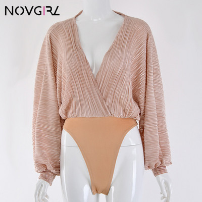 Novgirl σέξι, βαθύ V λαιμόκοψη, μακρυμάνικη, φαρδιά γυναικεία ολόσωμη φόρμα 2019 Άνοιξη φθινόπωρο συνονθύλευμα Μόδα κορμάκι Clubwear casual φόρμες