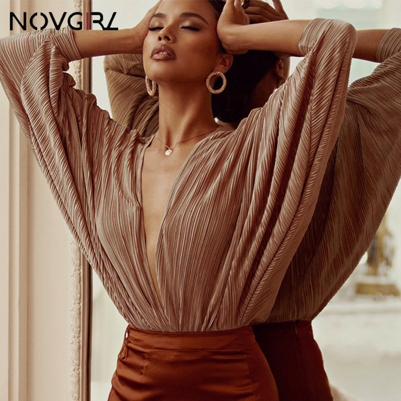 Novgirl σέξι, βαθύ V λαιμόκοψη, μακρυμάνικη, φαρδιά γυναικεία ολόσωμη φόρμα 2019 Άνοιξη φθινόπωρο συνονθύλευμα Μόδα κορμάκι Clubwear casual φόρμες