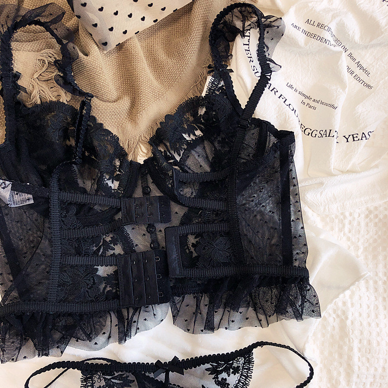 Γαλλικό σέξι υπερλεπτό κέντημα σετ εσωρούχων με δαντέλα Διαφανές σουτιέν και εσώρουχα T-string Γυναικεία εσώρουχα μακριά κάτω από τη μέση