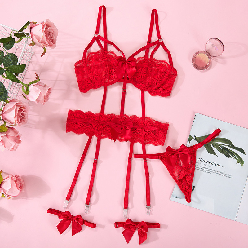 Ellolace Bowknot Lenjerie Roșu Ziua Îndrăgostiților Seturi Sissy Erotice G-String Lenjerie de corp Fancy Femei Necenzurate Naked Bilizna Outfits