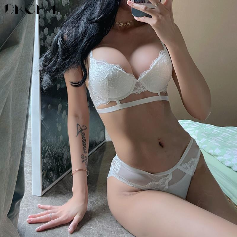 Fashion White Brassiere Push-Up Σετ σουτιέν Σέξι κούφια γυναικεία εσώρουχα Βαμβακερά χοντρά σουτιέν CD Cup Plus Size Σετ εσωρούχων Κέντημα