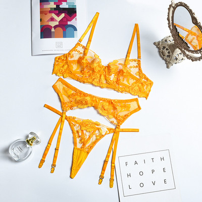 GIOIO Broderie Lenjerie de corp Transparent Set Sutien Chiloți Femei Bandaj Lenjerie Dantela 3 buc Cupă Deschisă Tanga Transparentă Cosplay Floral